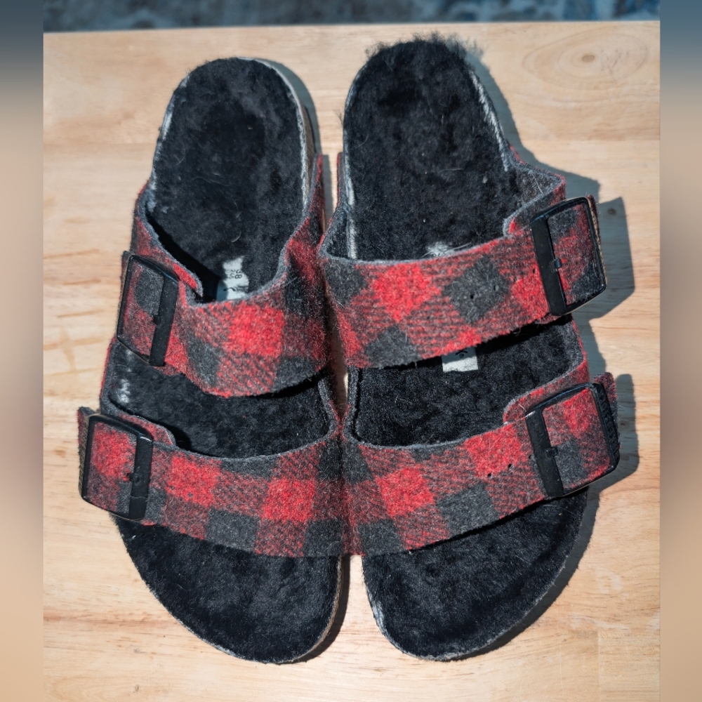 Birkenstock Arizona Shearling Plaid Sandals - Picture 2 of 8